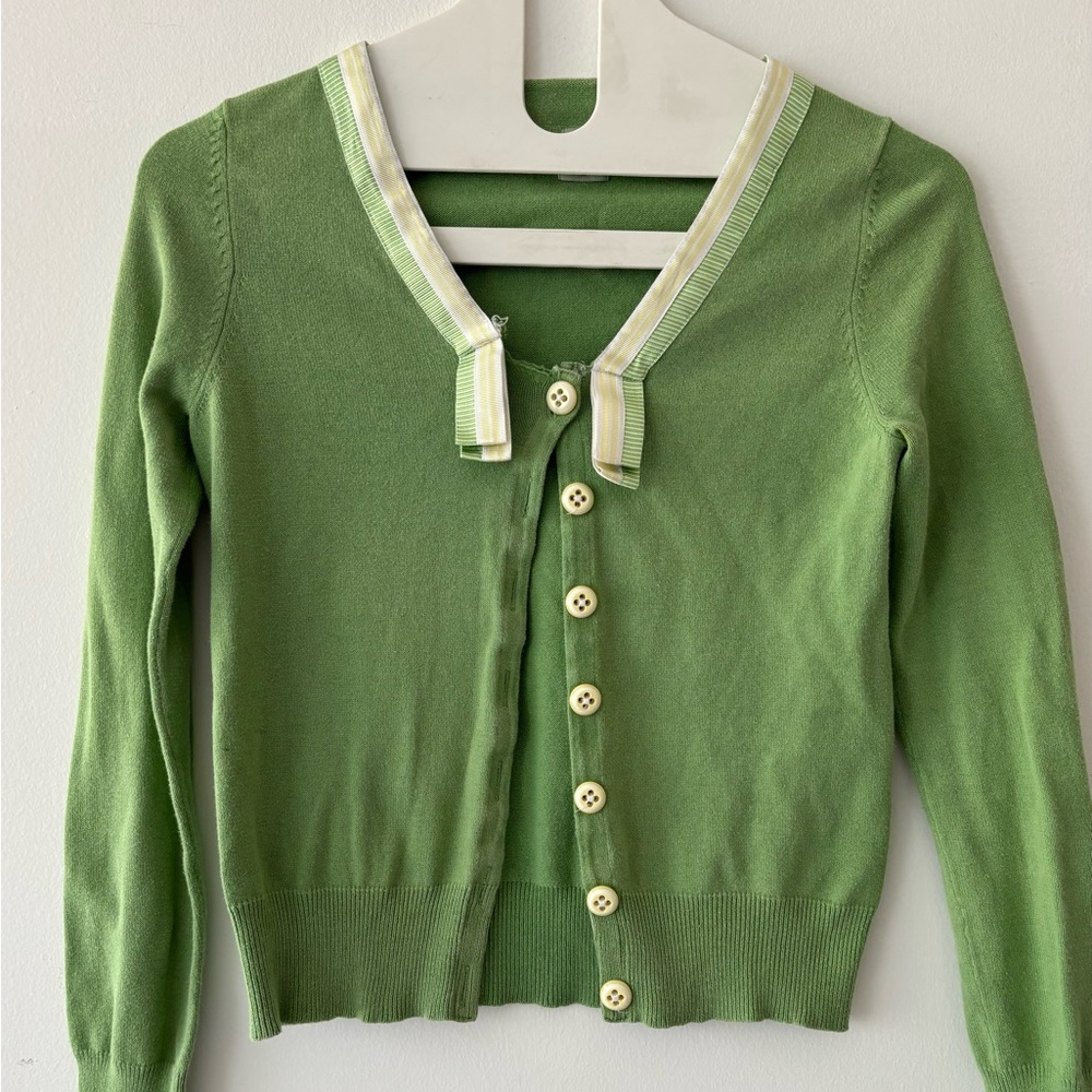 Vintage Y2K Anthropologie cotton cardigan sweater green with ribbon detail S